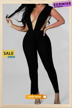 Sexy Solid Split Joint Backless Asymmetrical V Neck Regular Jumpsuits Asymmetrical Stretch Bodysuit For Evening, Asymmetrical Black Bodysuit For Party, Black Asymmetrical Bodysuit For Party, Black Asymmetrical Party Bodysuit, Chic High Waist Bodysuit For Party, Trendy Asymmetrical Bodysuit For Night Out, Chic One-piece Jumpsuit For Club, Trendy High Waist Strapless Jumpsuit For Party, Asymmetrical Black Jumpsuit For Party