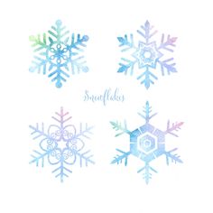 four snowflakes with the words snow flakes written in blue, pink and green