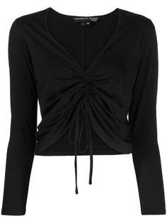 black cotton gathered detailing front tie fastening cropped plunging V-neck long sleeves Chic Long Sleeve Tops With Drawstring, Spring Drawstring Top For Night Out, Plunging Neck, Neck Crop Top, Veronica Beard, Jersey Shirt, Black Cotton, Fashion Branding, Crop Top