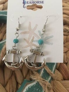 Anchor  turquoise bead drop Earrings,Nautical Earrings,Coastal Earrings Casual Metal Drop Earrings, Handmade Turquoise Casual Earrings, Casual Turquoise Dangle Earrings, Casual Turquoise Earrings For Summer, Turquoise Nickel-free Beaded Earrings For Beach, Turquoise Nickel-free Beaded Earrings For Summer, Casual Nickel-free Turquoise Jewelry, Casual Turquoise Nickel-free Jewelry, Hypoallergenic Dangle Beaded Earrings For Beach