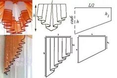 an orange curtain hanging on the side of a window next to another drawing and measurements