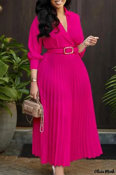 Olivia Mark - Elegant Long Sleeve V Neck Ruched Midi Dress with Belt Elegant Work Dress, Dress Elegant Long, Midi Dress Formal, Corporate Wear, Party Dress Long Sleeve, Classy Dress Outfits, Ruched Midi Dress, Stylish Work Outfits, Solid Color Dress