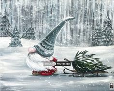 a painting of a gnome pulling a christmas tree