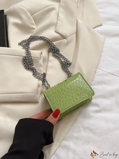 BirdinBag - Stylish Mini Square Bag with Crocodile Print and Flip Cover - PU Material Square Handbag, Green Details, Chain Pattern, Bag Bag, Save The Planet, Mini Fashion, Square Bag, Pu Leather, Bag Lady