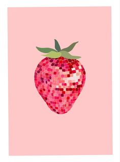 a red strawberry on a pink background with lots of small squares in the shape of a heart