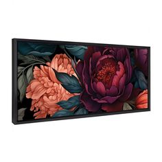 a large floral painting on the wall with leaves and flowers in pink, orange and purple colors