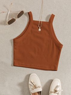 Brown Casual   Polyester Plain Cami Embellished Slight Stretch Summer Women Tops, Blouses & Tee Cute Clothes Shein, Preppy Tank Tops, Fashion Crop Tops, Stylish Kurtis Design, New Style Tops, Spaghetti Top, Belly Shirts, Office Wear Women, Trendy Fashion Tops