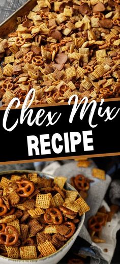 Collage of baking tray full of homemade Chex mix at top and bowlful of homemade Chex mix at bottom. Chex Mix Recipes Crock Pot, Chex Mix Seasoning, Savory Chex Mix Recipes, Savory Chex, Salty Chex Mix, Homemade Chex Mix Recipe, Chex Mix Christmas, Homemade Chex Mix, Chex Mix Recipe