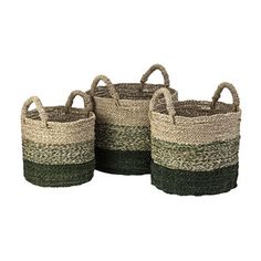 three woven baskets with handles and handles, one green and the other brown on each side