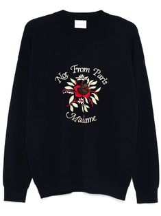 navy blue merino wool knitted construction embroidered slogan crew neck drop shoulder long sleeves ribbed cuffs and hem