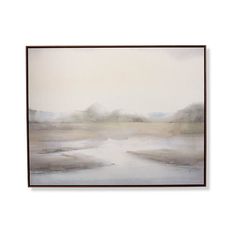 an abstract painting with white and grey colors on the wall above it is a large body of water