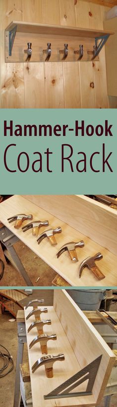 the hammer hook coat rack is made out of wood and has several different tools attached to it