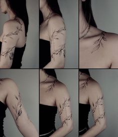 the woman has many tattoos on her arm and shoulder, all in different stages of getting inked