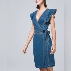 New Without Tags, Denim Dress, Just A Bit Too Small And I Ripped The Tags Off! Smoke Free Household, Cute To Dress Up Or Dress Down. Whbm Outfits, Denim Dress Style, Denim Wrap Dress, Best Summer Dresses, Surplice Neckline, Flounce Sleeve, Faux Wrap Dress, Petite Dresses, Dress White