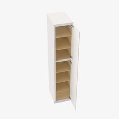 an empty white cabinet with shelves on each side