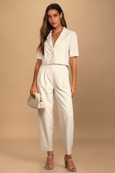 The Lulus Posh Company Ivory Pleated High-Waisted Trouser Pants will take your confidence levels to new heights! These dress pants are composed of woven fabric that shapes a pleated high-rise silhouette (with elastic at the back for fit), belt loops, a fabric-covered top button, and a hidden zip-fly. Relaxed, straight pant legs with side seam pockets end at ankle-length hems. Pair with the matching blazer for a complete look! Fit: This garment fits true to size. Length: Ankle length. Size medium Cropped Blazer Dress, White Cropped Blazer Outfit, Company Dinner Outfit, Short Sleeve Blazer Outfit, Short Blazer Outfits, Crop Blazer Outfit, Cropped Blazer Outfit, High Waisted Trouser Pants, Summer Business Casual Outfits