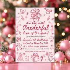 a pink christmas card with the words it's the most wonderful time of the year