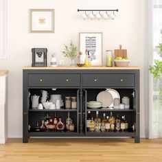 a black cabinet with lots of bottles and dishes on it