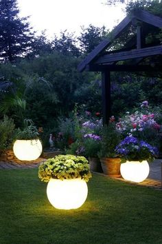 three large planters with flowers in them on the lawn at night, lit up by lights