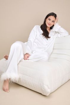 Dreamiest Delight White Satin Feather Two-Piece Pajama Set Bridesmaid Pyjamas Winter, Feather Bride Pajamas, Bridal Pajamas Winter, Bridal Getting Ready Loungewear, Different Bridesmaid Pajamas, White Matching Christmas Pajamas, Newly Wed Christmas Pajamas, Engagment Christmas Pajamas, Mr Mrs Pajamas