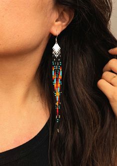 "La Flesche" ♀ Handmade  beaded native earrings with three dainty leaves ♀ Glass Beads: Toho, Miyuki ♀ Ear Wire: Sterling Silver ♀ Drop Height: 7 in. ♀ Comes in pairs ♀ Nickel Free ♀ Made to order; ships within 2-3 weeks. Beaded Native Earrings, Indigenous Earrings, Moon Milk, Long Beaded Earrings, Earrings Moon, Bohemian Vibes, Native American Style, Shades Of Turquoise, Earrings Bohemian