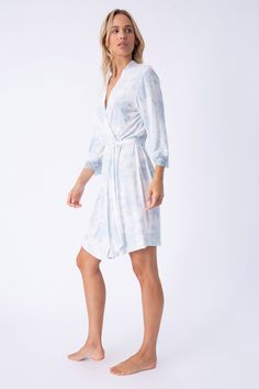 A beautiful get-ready wrap that keeps you cool & calm. Luxe modal jersey robe with lace trim sleeve. V-neck Lace Trim Robe For Daywear, Lace Trim V-neck Robe For Daywear, V-neck Robe With Lace Trim For Daywear, Spring Lounging Sleepwear In Modal, Spring Robe With Lace Trim For Loungewear, Feminine Lace Trim Robe For Loungewear, Feminine Robe With Lace Trim For Loungewear, Long Sleeve Modal Sleepwear For Loungewear, Spring Lounging Wrap Sleepwear