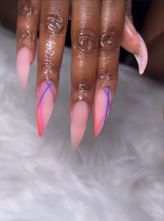 Ombre Different Color Nails, Purple Design Nails Acrylic, Color Tips Nails Acrylic, Vibrant Nails Almond, Sassy Nails Almond, Long Almond Pink Nails, Matte Almond Nails Design, Long Almond Nails Designs Summer, Sheer Pink Almond Nails