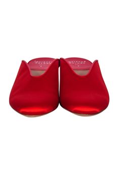 Take the holidays to new heights with these Laurence Dacade red satin mules! Featuring a rounded toe silhouette and statement block heel, these elegant heels will add a splash of festive color to any ensemble. Be a showstopper in these sassy holiday stunners! Size 10 (IT 40) Made in Italy Satin upper Lather sole and lining Slip on Round toe Block heel Comes with box and dust bag Heel height 2.5" Evening Mules With Padded Heel And Round Toe, Party Mules With Almond Toe And Deep Heel Cup, Party Heels With Round Toe And Slip-on Fit, Almond Toe Mules With Deep Heel Cup For Party, Evening Mules With Padded Heel And Almond Toe, Red Pointed Toe Mules For Formal Occasions, Red Low Heel Block Heels For Party, Evening Mules With Deep Heel Cup And Block Heel, Chic Red Mules For Party