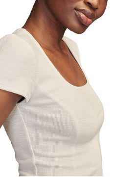 Rib stitching adds just the right amount of stretch to a fitted T-shirt in a perfectly cropped length. Square neck Short sleeves 58% cotton, 37% polyester, 5% spandex Machine wash, tumble dry Imported Fitted Short Sleeve Crop Top With Ribbed Neckline, Fitted Crop Top With Ribbed Neckline And Short Sleeves, Ribbed Fitted Cropped T-shirt With Crew Neck, Fitted Ribbed Cropped T-shirt With Crew Neck, Sporty Fitted Ribbed T-shirt, Fitted Ribbed Cropped T-shirt Basic Style, Fitted Ribbed Basic Cropped T-shirt, Fitted Cotton Crop Top With Scoop Neck, Fitted Ribbed Cropped T-shirt