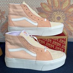 New In The Box Authentic Women’s Vans Sk8-Hi Tapered Stacked Color Block Peach Vn0a5jmkbod Platforms Sneakers Platforms Sneakers, Old Skool Platform, Platform Vans, Polka Dot Shoes, White Platform Sneakers, Vans Checkered, Pink Platforms, Purple Sneakers, Black And White Sneakers