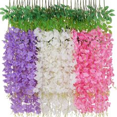 four different colors of flowers hanging from the ceiling in front of white and green plants