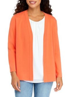 Layer in casual style in this open-front cardigan from Anne Klein. | Anne Klein Women's Petite Newport Kissing Front Cardigan, Coral, PL Casual Open Front Cardigan For Work, Spring Workwear Cardigan In Solid Color, Spring Workwear Cardigan With Relaxed Fit, Spring Solid Open Front Cardigan, Solid Open Front Cardigan For Spring, Casual Open Front Cardigan For Spring, Spring Versatile Open Front Cardigan, Versatile Open Front Spring Cardigan, Casual Spring Cardigan For Workwear