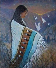 a painting of a native american woman with birds in the sky and mountains behind her