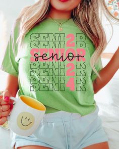 It's your last first day of school this year for every 2024 graduate! This senior 2024 graduation t-shirt has that cute groovy retro touch to it. Would make a really cute senior gift idea or a t-shirt to wear for senior portraits. Class of 2024, congrats you did it! Sizing runs true to size, but please refer to the size chart for measurements. You can size up 2xs sizes for that t-shirt dress style. This is printed directly onto the fabric so colors will be more of a 'distressed' looked. I find t Senior Year Shirts Design, Spring College Style T-shirt, School Spirit Crew Neck T-shirt For Graduation Party, Casual T-shirt With Text Print For Graduation, Relaxed Fit T-shirt For College, Back To School, School Spirit Short Sleeve T-shirt For Graduation Party, Pre-shrunk T-shirt For College And Back To School, Letter Print T-shirt For Graduation, Casual Custom Print T-shirt For College Events