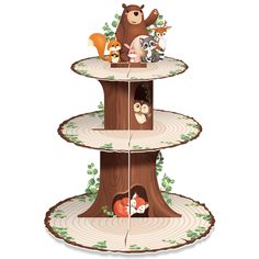 three tiered tree stand with animals on it