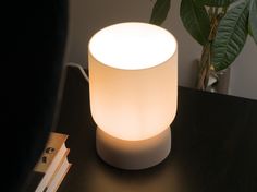 a white lamp sitting on top of a table next to a book and a plant