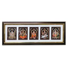 three framed paintings depicting hindu deities