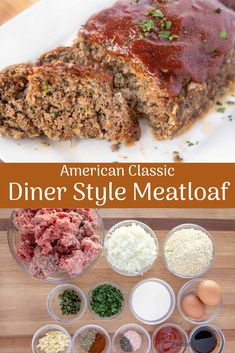 the meatloaf is cut into slices and ready to be served with sauces