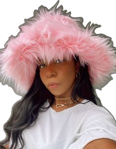 Trendy Winter Faux Fur Hat, Trendy Faux Fur Winter Hat, Pink Brimmed Bucket Hat For Winter, Pink Winter Bucket Hat With Short Brim, Trendy Pink Winter Hat, Pink Winter Hat With Short Brim, Pink Short Brim Winter Hat, Fluffy Faux Fur Wide Brim Hat, Pink Bucket Hat For Winter