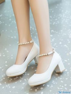 OrcaJump - Femmes Talons à Bout Rond avec Boucle en Perle, Chunky Heel, Bride pour Cheville en Cu Elegant Pumps, Cute Shoes Heels, Ankle Strap Block Heel, Colorful Heels, Heels Online, Womens Chunky Heels, Platform Block Heels, Cute Heels, White Pumps