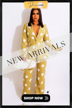 Wave Point Printed Blazer Jacket and Pants Set Yellow Spring Pantsuit For Work, Yellow Spring Pantsuit For Workwear, Spring Yellow Pantsuit For Workwear, Yellow Pantsuit For Spring Workwear, Yellow Long Sleeve Pantsuit For Spring, Yellow Long Sleeve Spring Pantsuit, Spring Yellow Long Sleeve Pantsuit, Trendy Long Sleeve Suits For Spring, Trendy Long Sleeve Spring Suits