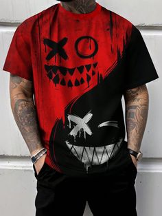 Plus Size Men's Casual Funny Face Print Round Neck Short Sleeve T-Shirt Red Street  Short Sleeve Fabric Cartoon,Colorblock,Graphic  Slight Stretch Summer Men Plus Size Clothing, size features are:Bust: ,Length: ,Sleeve Length: Red Cotton T-shirt With Contrast Color, Red Contrast Color Top For Streetwear, Black Crew Neck T-shirt With Patchwork, Casual Red T-shirt With Patchwork, Red Patchwork Crew Neck T-shirt, Multicolor Color Block T-shirt For Streetwear, Casual Red Tops With Contrast Color, Red Casual Top With Contrast Color, Casual Red Top With Contrast Color