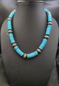 Its Beautiful Natural Turquoise Stone Beads Necklace  The Turquoise Stone is from Arizona America  Its Natural Color Stone Handmade Beads Necklace the Quality Is Good And The Condition is very Nice Its have Silver Beads between each Beads and the Hock is Silver  Gemstone Turquoise Length 55cm Traditional Turquoise Beaded Necklaces With Spacer Beads, Traditional Turquoise Beaded Necklace With Spacer Beads, Traditional Blue Turquoise Necklace With Large Beads, Traditional Round Turquoise Beads, Artisan Blue Turquoise Necklace With Polished Beads, Southwestern Style Large Beads Turquoise Necklace, Blue Turquoise Necklace With Spacer Beads, Turquoise Necklace With Spacer And Round Beads, Artisan Blue Necklace With Silver Beads