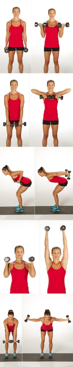 a woman in red shirt doing exercises with dumbbells and barbell curls on white background