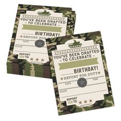 two camouflage birthday cards with the words, you've been drafted to celebrate