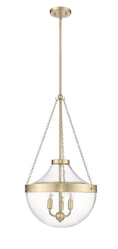 a brass chandelier with clear glass globes hanging from the bottom and chain around it