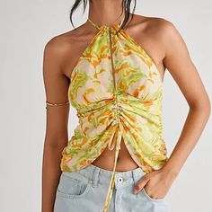 Free People Kyle Halter Retro Top Midnight Garden Ruched Smocked With Drawstring Size: Xs New Without Tag. Super Exposed Back Adjustable Drawstring Ruching Elastic Smocking At Back A8 Yellow Halter Top For Spring Vacation, Yellow Ruched Tops For Spring, Yellow Stretch Halter Top For Vacation, Trendy Yellow Halter Top For Summer, Casual Yellow Halter Top For Vacation, Spring Halter Neck Top With Drawstring, Fitted Yellow Halter Top For Summer, Green Floral Print Halter Top For Spring, Fitted Drawstring Halter Top For Spring