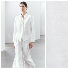 Nwt. Zara Zw Collection White 100% Linen Shirt. Lapel Collar And Long Sleeves With Buttoned Cuffs. Asymmetric Hem With Side Vents. Front Button Closure. Size L. Ref. 4877/078. Pit To Pit 22" Flat, Shoulders 16", Sleeves 23,5", Length 25". 1005 White Button-up Top For Loungewear, Elegant White Blouse For Loungewear, White Long Sleeve Blouse For Loungewear, Elegant White Linen Shirt, White Relaxed Fit Blouse For Loungewear, White Linen Shirt For Loungewear, Fitted Shirt For Spring Loungewear, Fitted Shirt For Loungewear In Spring, Fitted Spring Shirt For Loungewear