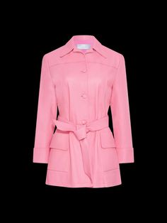 Constructed from supple pink leather, the Somerset trench is your quintessential statement outerwear. Complete with self-covered buttons and a belt that nips you in at the waist. The inside consists of a soft pink-to-red ombré lining, for a pop of color when worn open. The Short Trench silhouette is made to fit relaxed and tie tightly, so it can be easily layered over any outfit while retaining its flattering shape. Designer Pink Winter Blazer, Designer Single Breasted Pink Blazer, Designer Formal Pink Outerwear, Designer Pink Formal Outerwear, Pink Notch Lapel Outerwear For Office, Designer Pink Single-breasted Outerwear, Luxury Pink Blazer With Lapel Collar, Pink Long Sleeve Business Outerwear, Pink Leather Winter Outerwear