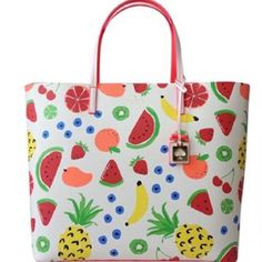 Brand New Kate Spade "How Refreshing Fruit Medley" Len Large Tote Handbag~Rare & Fabulous~This White And Multicolor Kate Spade Tote With A Fruit Medley Scene Is A Must Have! Resin Backed Smooth Leather With Matching Trim. Unlined. Large/Extra Large Open Top. Interior Zipper Pocket. Additional Slide Pocket. Detachable Luggage Tag. Gold Foil Printed Kate Spade New York Signature Logo. Four Gold Tone Feet On Bottom Of Tote. Measures 13.5" H X 14.8" W X 6.2" D. Strap Drop Length Is 7.9". Comes With Casual Everyday Kate Spade Bags, Kate Spade Casual Bag With Removable Pouch, Multicolor Summer Bags With Top Carry Handle, Summer Multicolor Bags With Top Carry Handle, Multicolor Summer Bag With Top Carry Handle, Kate Spade Casual Bag For Daily Use, Kate Spade Casual Bags For Everyday Use, Casual Kate Spade Bag For Everyday Use, Casual Kate Spade Bag For Daily Use